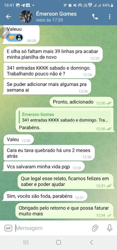 Conversa no WhatsApp entre Emerson Gomes e seus contatos, discutindo conquistas em trabalho com planilha, compartilhando experiências e gratidão pelo suporte recebido.