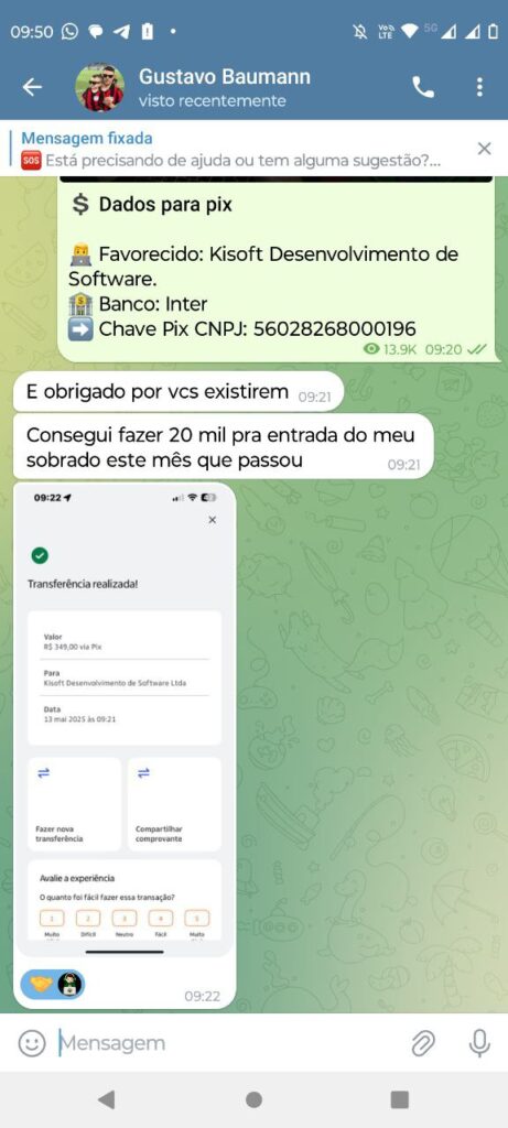 Imagem do WhatsApp mostrando dados para transferência via Pix, incluindo informações de favorecido, banco e chave Pix, junto com um recibo de uma transação realizada de R$ 349,00 para Kissoft Desenvolvimento de Software.